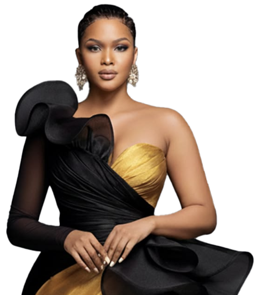 Woman in black and gold dress